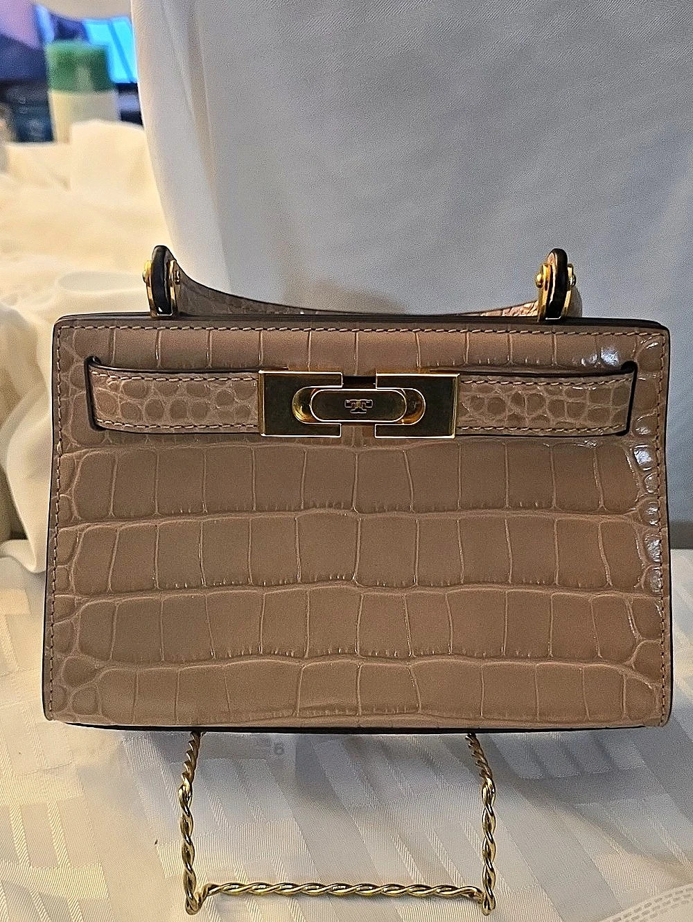 Tory Burch Petite Lee Radziwill Croc-Embossed Double Bag Brown Mini